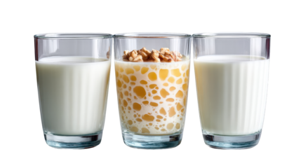 Three glasses of beverages arranged on a white background, showcasing milk and a creamy dessert with walnuts