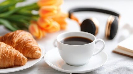 Morning coffee and croissants on a table with tulips and headphones, creating a cozy atmosphere