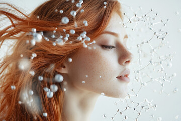 A beautiful blend of flowing blond hair intertwined with abstract molecular structures against a clean white background, creating a captivating sense of beauty and the fusion of science