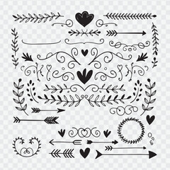 hand-drawn black and white decorative vector elements. Include a variety of ornate dividers, borders, floral flourishes, leafy branches, swirls, hearts, arrows, and circular wreaths.