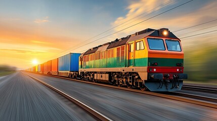 Fototapeta premium Freight train sunset transport logistics highway
