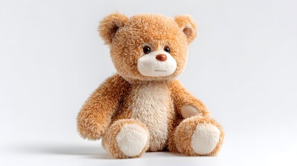 Obraz premium A fluffy brown teddy bear sitting upright against a white background.