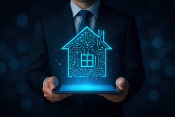 Businessman Holding Tablet with Glowing Smart Home Circuit Board Icon, Representing Modern Property Technology & Automation Solutions.