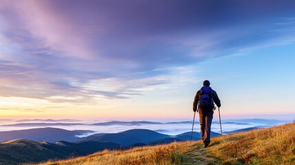 Fototapeta premium Hiker Ascending Mountain Trail at Sunrise Over Foggy Valley with Vibrant Sky Colors