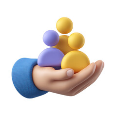 3d render of hand holding colorful 3d people icons isolated on transparent background