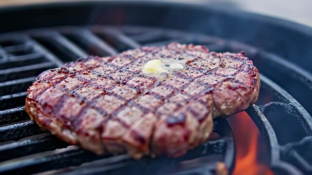 Sizzling over hot coals, a delicious steak with a diamond grill pattern is cooked on a barbecue. A knob of butter melts on top, enhancing the flavor in this mouthwatering culinary closeup.
