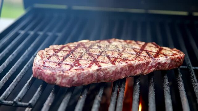 Mouth-watering closeup of a seasoned beef steak grilling on a barbecue. The meat has perfect diamond-shaped sear marks and sizzles as orange flames and smoke rise from below.