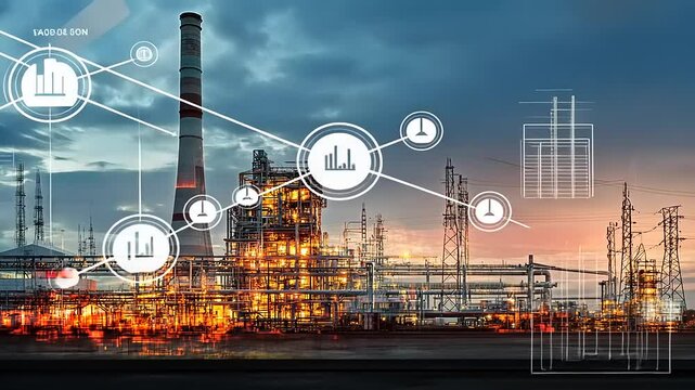 Industrial power plant at sunset with digital overlays showcasing data analytics and technology - Powered by Adobe
