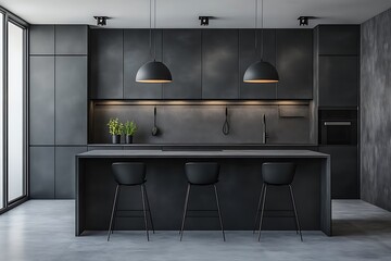 Modern kitchen interior with gray cabinets, black tiles, and lighting lamps above the countertop. Realistic photo of a gray minimalist modern kitchen with a dark tile wall background