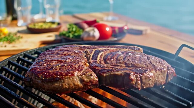 A thick, juicy T-bone steak sears on a smoking charcoal grill, creating perfect grill marks. The outdoor setting features a meal prepared on a wooden deck overlooking the bright blue water.