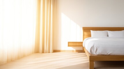 Bright and airy bedroom with a wooden bed, soft linens, and sunlight streaming through curtains