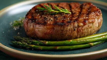 Grilled steak served on a plate with asparagus. The steak is juicy and well-cooked, garnished with herbs. A delicious meal for meat lovers.
