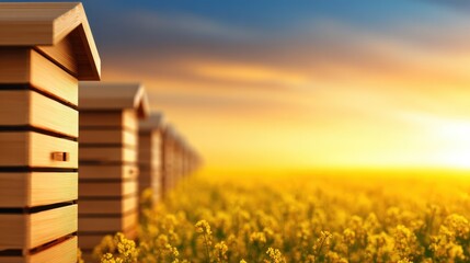 Golden sunset over blooming fields with beehives lined up, showcasing nature's harmony