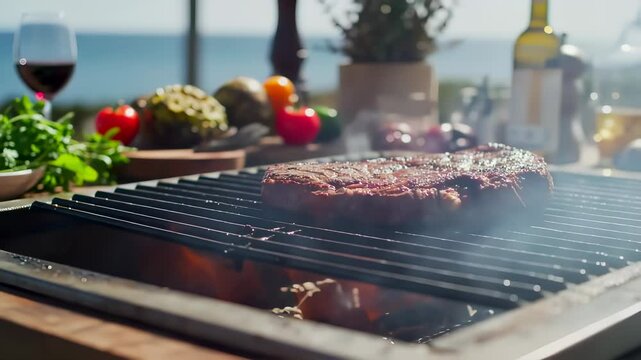  A delicious cut of meat cooks on a hot barbecue grate over a fiery bed of coals. In the blurred background, a luxurious outdoor meal is prepared with wine and fresh produce by the sea. 