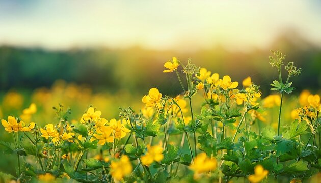 wild flowers of celandine in summer meadow ellow wildflowers as summer background