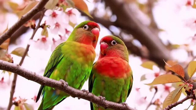 Pair of Lovebirds Sitting on Branch &ndash; Romantic Bird Couple, Nature Wildlife 4K Video Footage