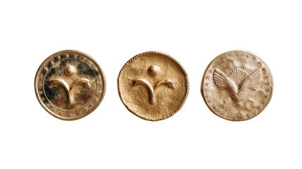 Three intricately designed golden coins displayed in a row, showcasing unique patterns and textures