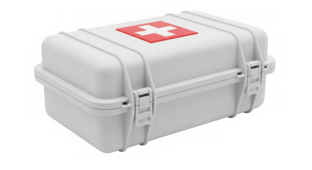 A crisp white plastic first aid kit with a red cross sits ready for any medical emergencies.