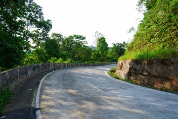 A tranquil curved road surrounded by dense greenery captures the serene essence of a tropical environment, perfect for conveying concepts of travel, tranquility, and natural beauty.