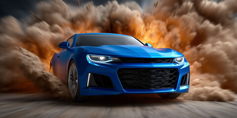 Blue sports car accelerates dramatically, kicking up a cloud of dirt and debris. The vibrant vehicle stands out against explosive background, highlighting automotive excellence
