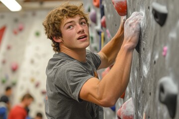 Man climbing indoor boulder wall, working on his strength and problem-solving skills while navigating the challenging rock face, Generative AI