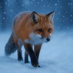 Obraz premium Red Fox in Snowy Winter Forest — Beautiful Wild Animal Walking Through Fresh Snowfall, Cold Nature Scene, Peaceful Wildlife Moment in Blue Hour Light
