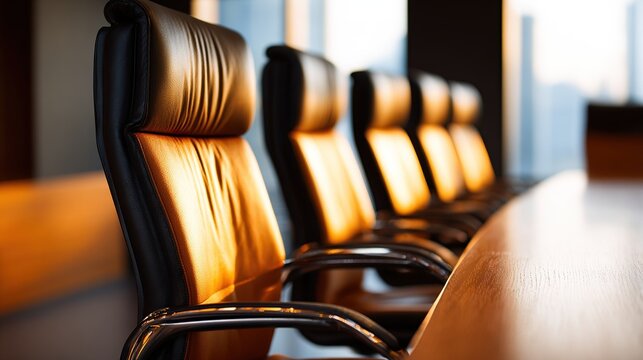 Empty conference room chairs lined up along a long wooden table, bathed in warm light - Powered by Adobe