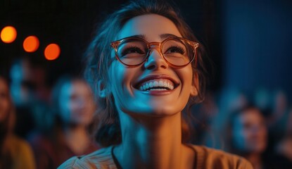Young Woman with Glasses Smiling Joyfully in a Crowded Venue, Capturing the Essence of Happiness and Connection in a Vibrant Atmosphere