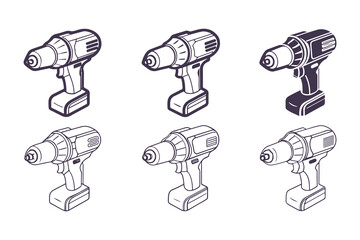 Set of cordless power drill icons in isometric style. vector illustration of electric drills for construction, tools, and DIY projects.