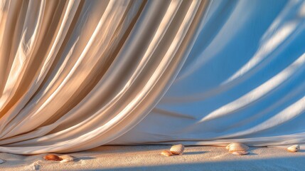 Elegant draped fabric on sandy beach with seashells, soft shadows, and serene coastal backdrop