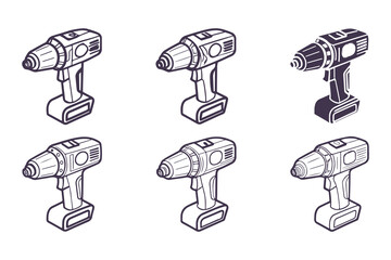 Set of cordless power drill icons in isometric style. vector illustration of electric drills for construction, tools, and DIY projects.