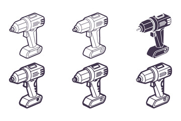 Set of cordless power drill icons in isometric style. vector illustration of electric drills for construction, tools, and DIY projects.