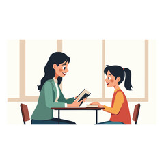 Teacher Tutoring Student Illustration: Reading Lesson, Education, Classroom Setting, Vector Art, Learning Support, One-on-One Instruction