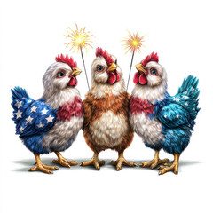 Fototapeta premium Three vibrant chickens adorned in patriotic colors hold sparklers, celebrating independence on a white background.