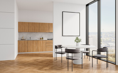 Modern kitchen and dining area with blank poster frame mockup and natural daylight
