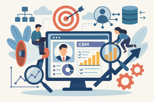 CRM vector concept. Customer relationship management and data analysis illustration. Team works on client database for marketing strategy, targeting, sales growth and business intelligence.