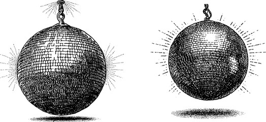 Disco vintage y2k stipple art, ball engraved retro vector png with transparent background, dance 2000s aesthetic photocopy effect