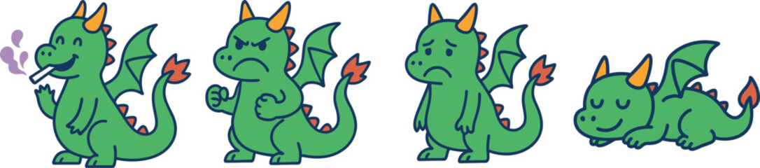Obraz premium Cute Cartoon Dragon Character Set Vector Illustration – Emotions and Poses