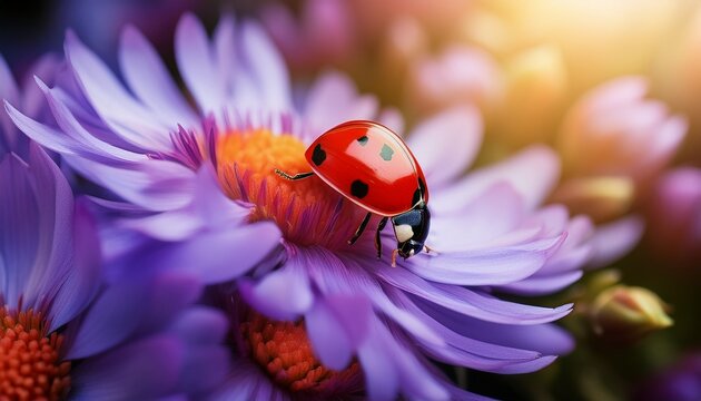 red ladybug on a purple flowers beautiful insects in nature