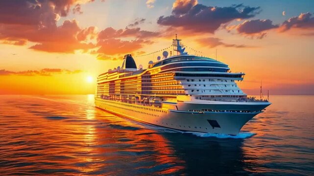 A large cruise liner ship sails on the waves in the ocean in the rays of sunset light, the concept of sea travel, front view.