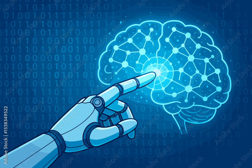 Poster artificial intelligence concept. robot hand touches glowing digital brain. machine learning, neural 