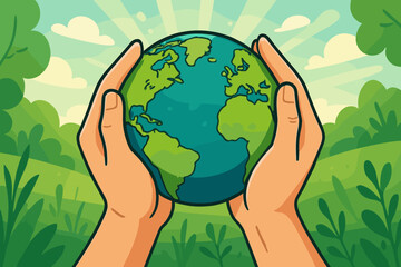 Caring hands holding planet Earth. Earth Day concept for environmental protection and conservation. Save the planet illustration with green nature background. Ecology and sustainability.