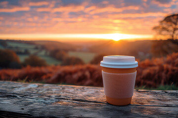 Coffee Cup on Wooden Table During a Peaceful Sunrise in Nature