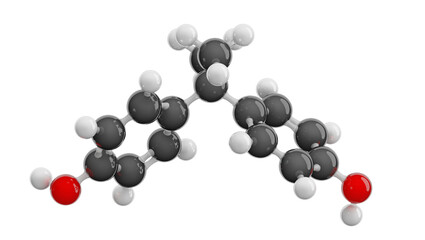 Bisphenol A molecule isolated on transparent background. Detailed 3D model. Molecular formula: C15H16O2. Chemical model: Ball and Stick. 3D illustration.