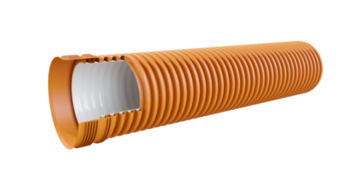 Double-wall corrugated pipe isolated on transparent background. Mock up of demonstrating internal design. 3d illustration.