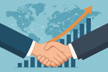 Business handshake concept for successful investment and partnership. Financial growth graph with arrow up on world map background. Global deal, agreement and economy concept.