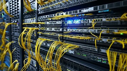 Close-up view of a server room filled with tangled yellow network cables and blinking lights - Powered by Adobe