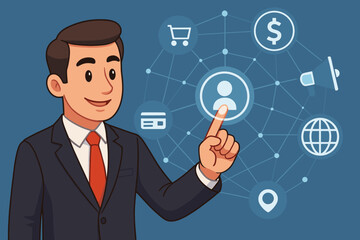 Businessman managing customer data on interactive screen. CRM system concept with user profile icon. Global business network with icons for marketing, finance, and e-commerce.