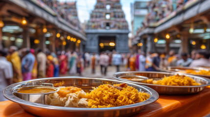 Fototapeta premium Devotional Prasadam Offered Inside Venkatachalapathi Temple Complex During Sacred South Indian Festival Ceremony
