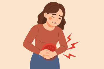 Woman suffering from stomach ache concept. Unhappy girl holding belly feeling abdominal pain, menstrual cramps, pms, gastritis, indigestion, or diarrhea. Health problem vector.